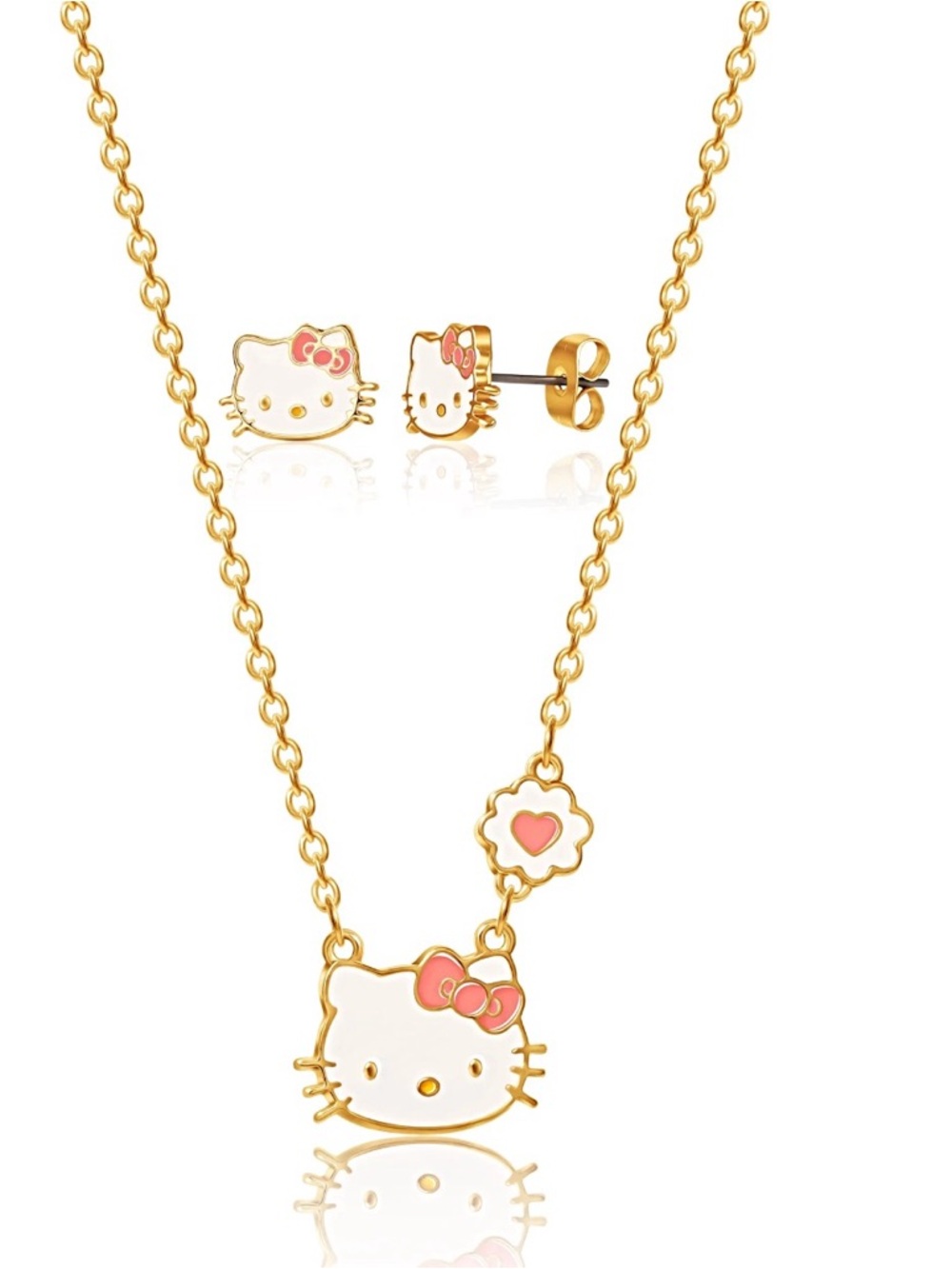 🆕 Gold-Tone White & Pink Kitty Necklace and Stud Earring Set